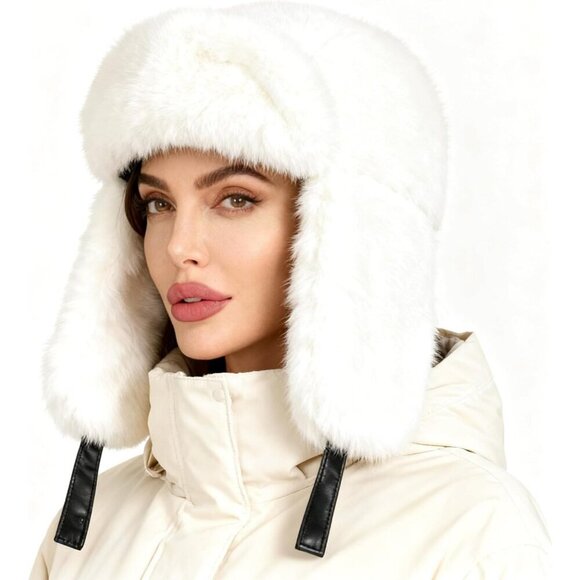 Unisex Off-white Trapper Hat with Ear Flaps Winter Russian Style Windproof main image 5